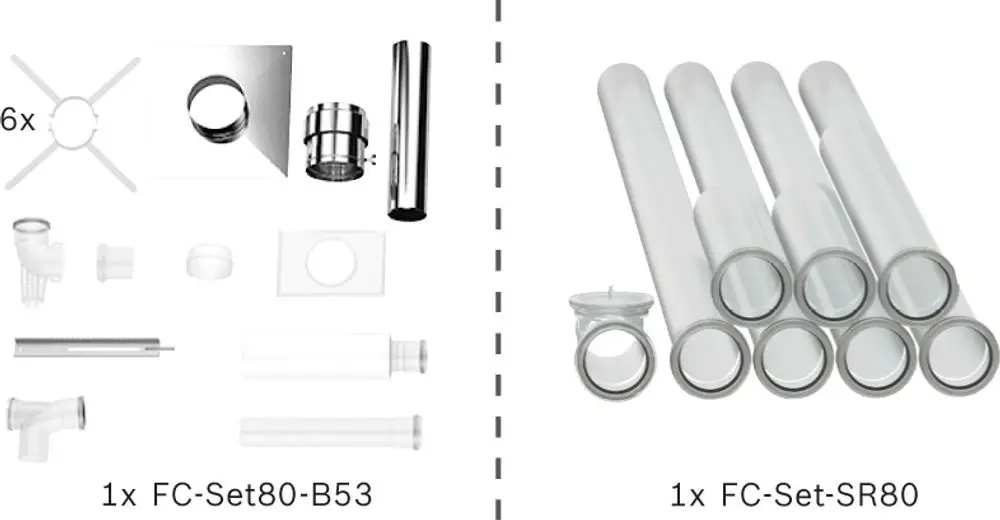 Montageset mit verschiedenen Rohren und Verbindungselementen für Abgasleitungen, geeignet für Systeme der Marke Bosch. Enthält Schacht und Adapterteile.